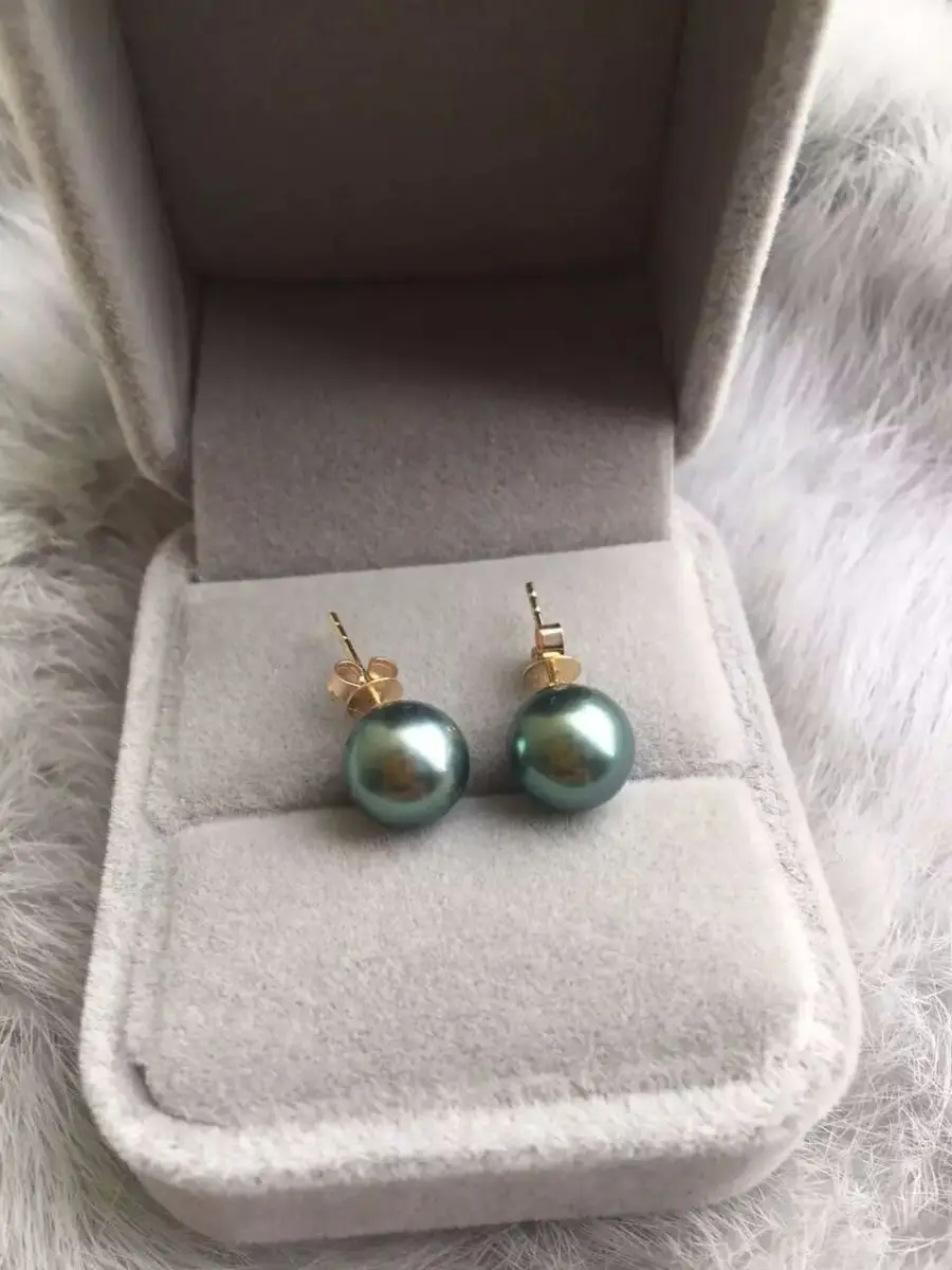 

Genuine 9mm Real South Sea gray Pearl Earrings 14K/20 Solid Yellow Gold