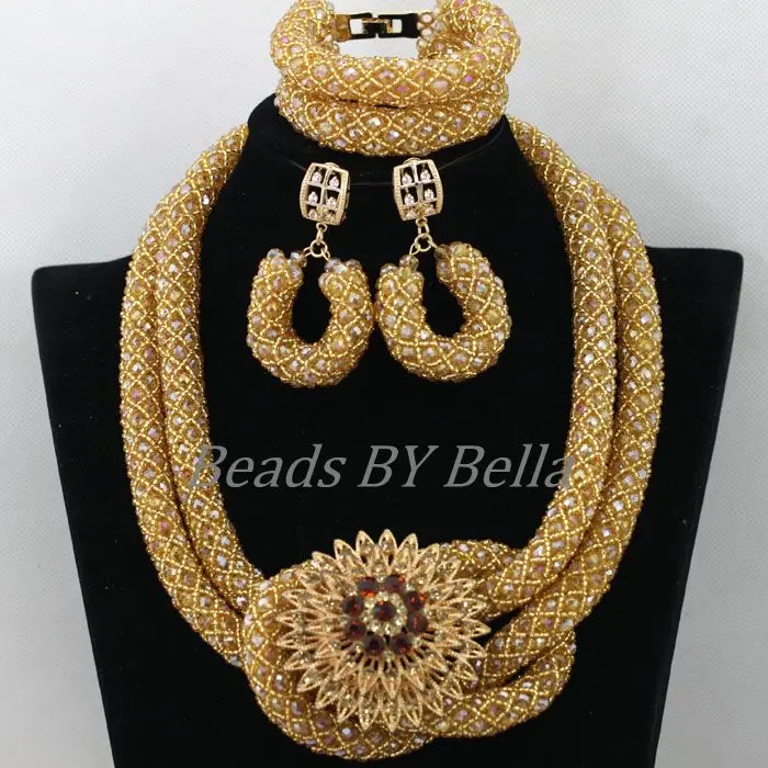 Champagne Gold Braid Crystal Beads African Wedding Necklace Women Jewelry Set Nigerian Bridal Jewelry Sets Free Shipping ABK075