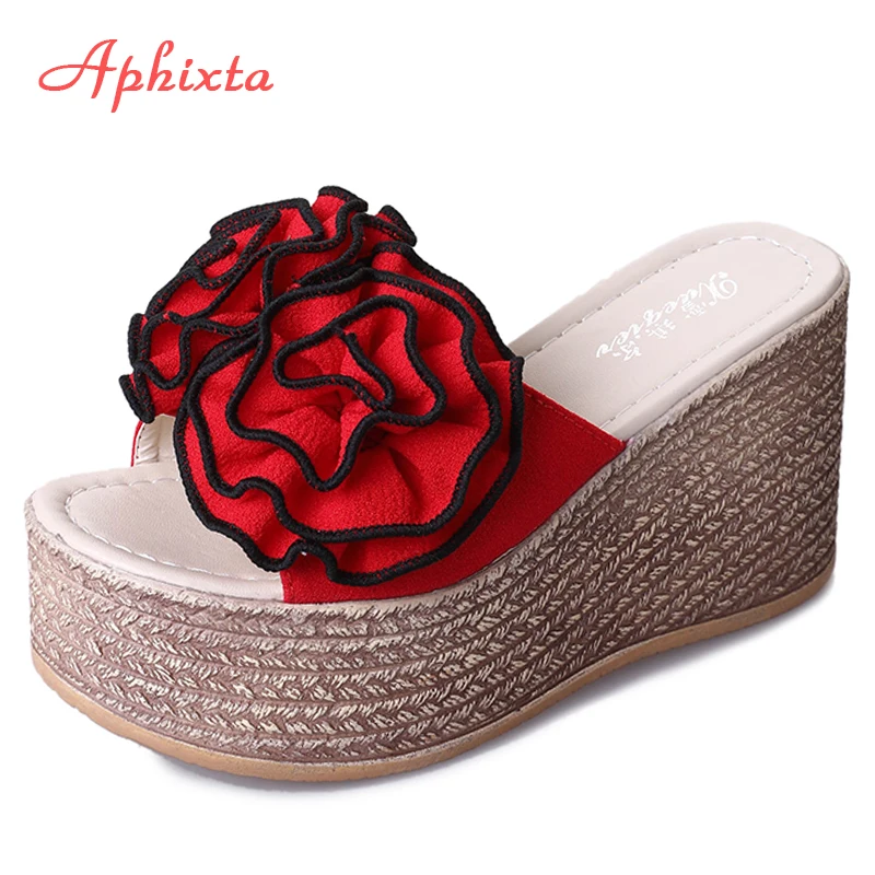 Aphixta 9cm Platform Wedge Slippers Women Shoes Clog Riband Rose Flowers Sandals Girls Flip Flop Slides Pantoufle Femme