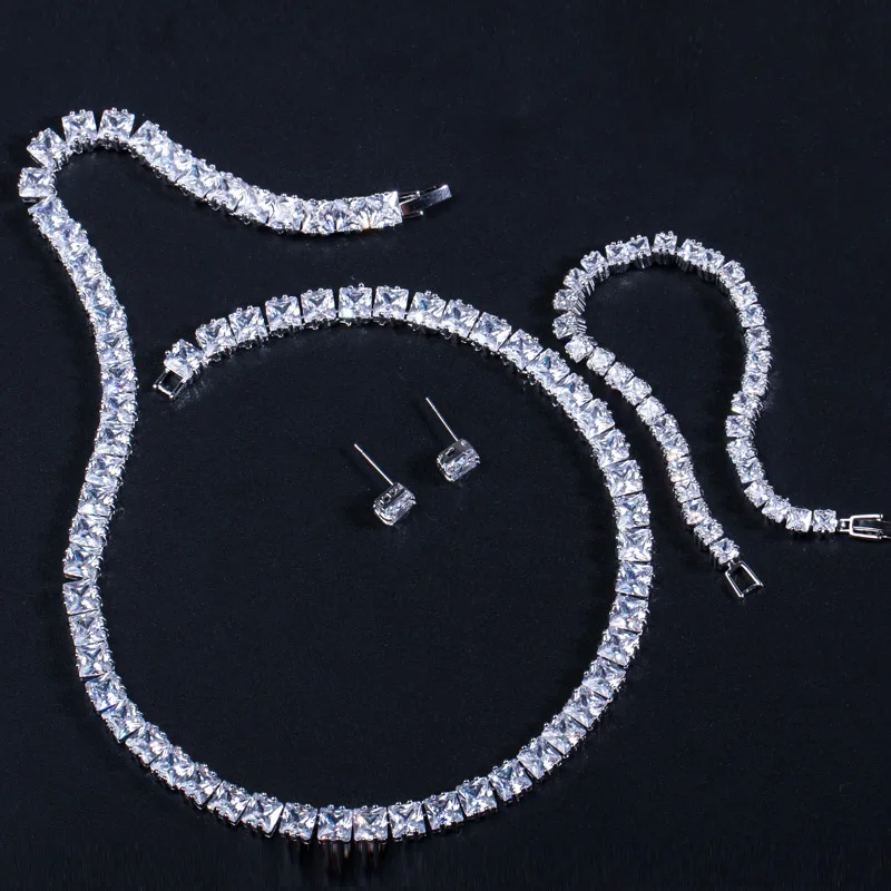 Imagem -05 - Pera-cubic Zirconia Gargantilha Colar e Brinco Pulseira para Noiva Conjunto de Jóias Espumante Completo Quadrado Branco Casamento Alta Qualidade J030