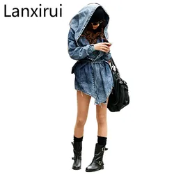 Women Denim Jeans Coat Jacket  New Women Jeans Coats Vintage Long Sleeve Slim Hoody  Hooded Coat Roupas Femininos