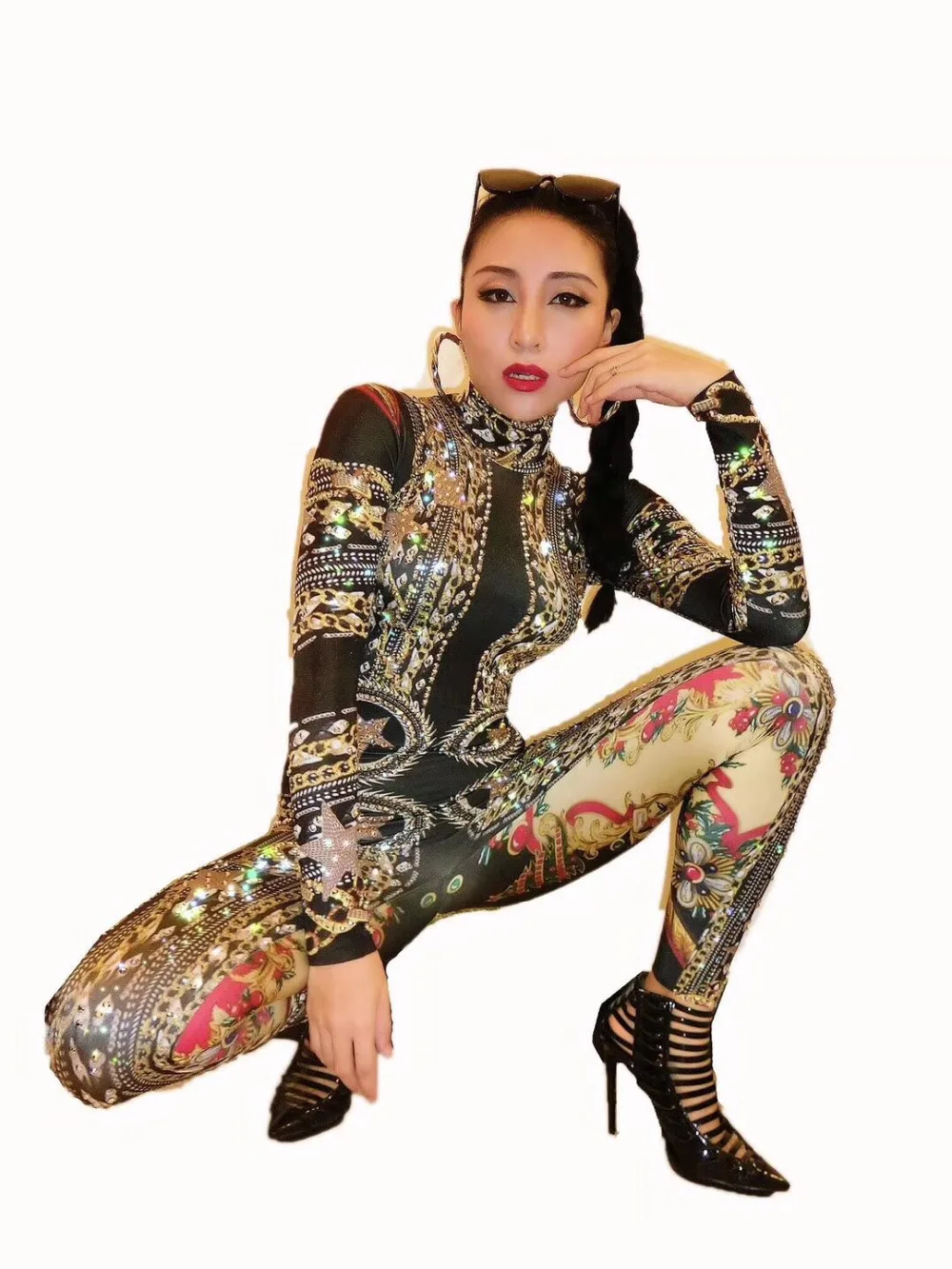 Glisten Rhinestones Pattern Printed Jumpsuit Women\'s Sexy Stretch Unique Bodysuit Costume Female Singer Dance Stage Wear