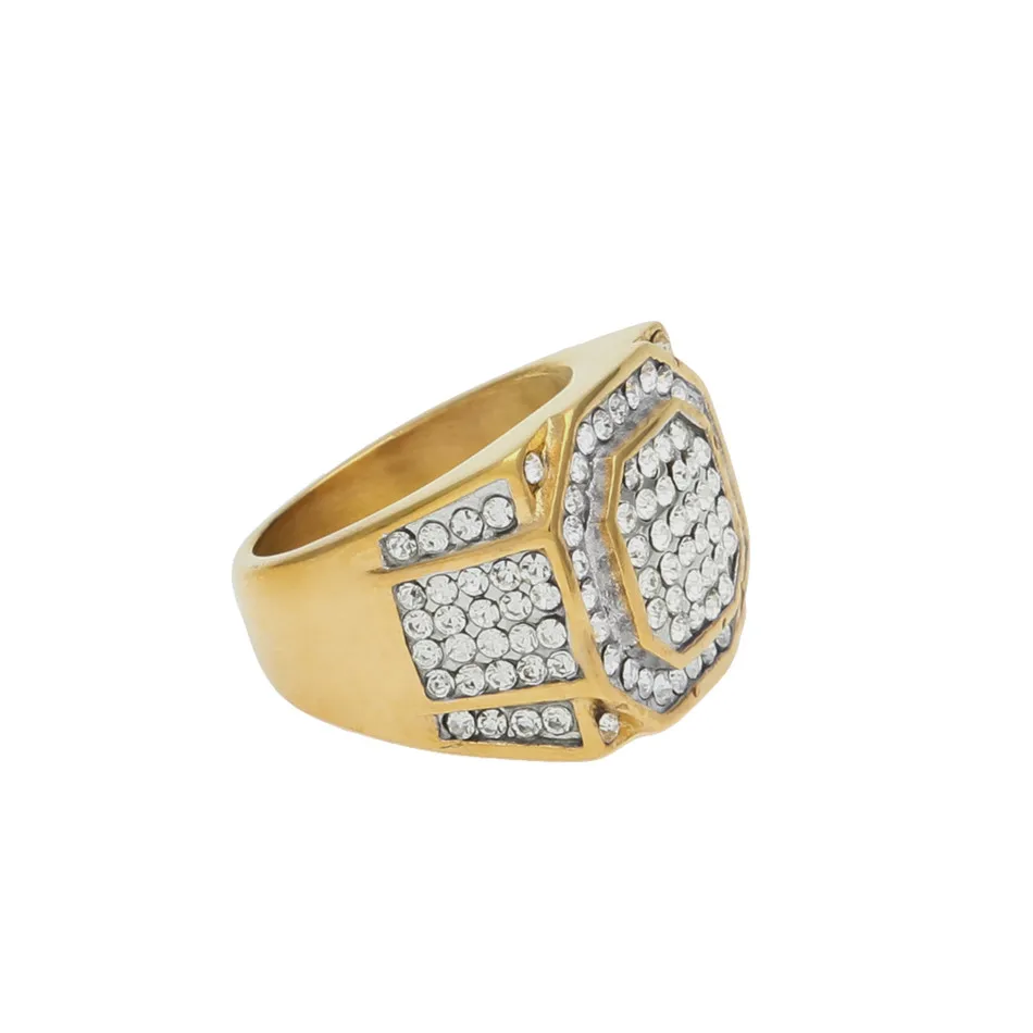 UWIN Men\'s Stainless Steel Square Ring Bling Bling Rhinestone Crystal silver color Gold Color Punk Rings Fashion Hip Hop Jewelry