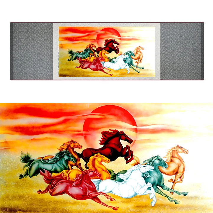 top quality Chinese Horse silk painting  Horse art painting Silk scroll art painting eight horse painting19062806