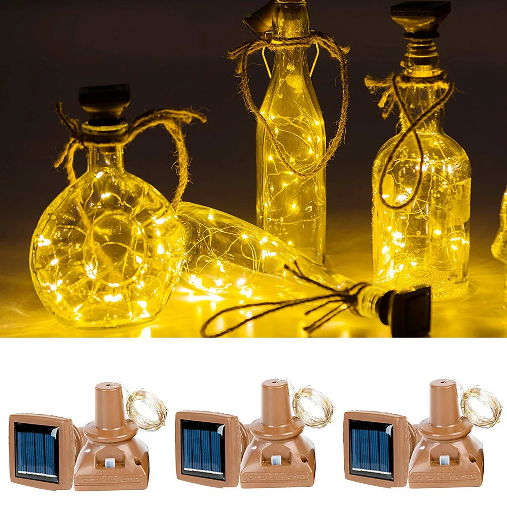 1Pcs 2M 20leds Solar Powered Wine Bottle Lights Waterproof Copper Wire Cork Shaped LED String Lights for Wedding Party Christmas