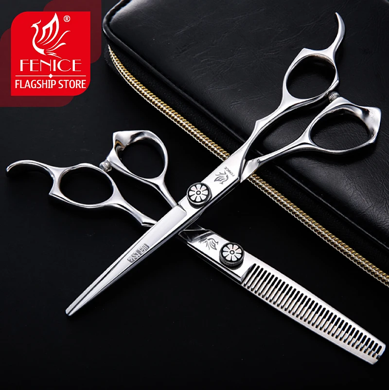 Fenice Japan 440c Professional 6.0 inch hair scissors set salon cutting+thinning barber shop styling shears with combs and clips