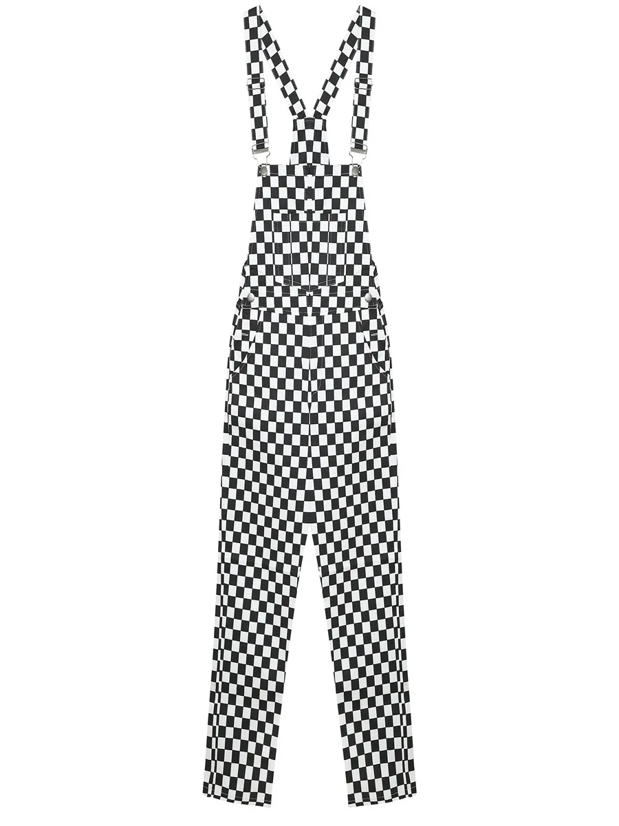 GEZOUR New Retro Old School Hiphop Style Black and White Plaid Mosaic Checkerboard Lattice Overalls Bodysuit Women Jumpsuit