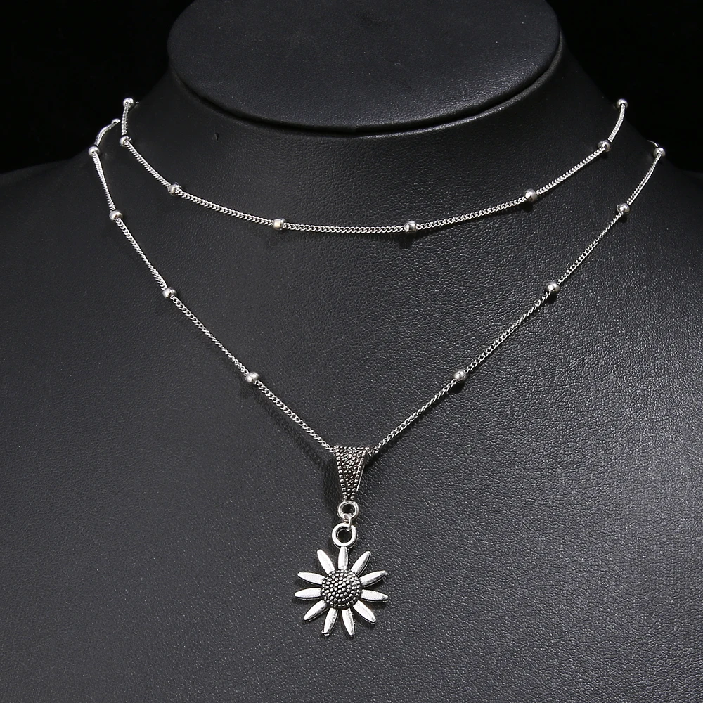 Vienkim Bohemian Vintage Sunflower Pendant Necklace for Women Multilayer Geometric Jewelry Trendy Alloy Chain Necklace New Gifts