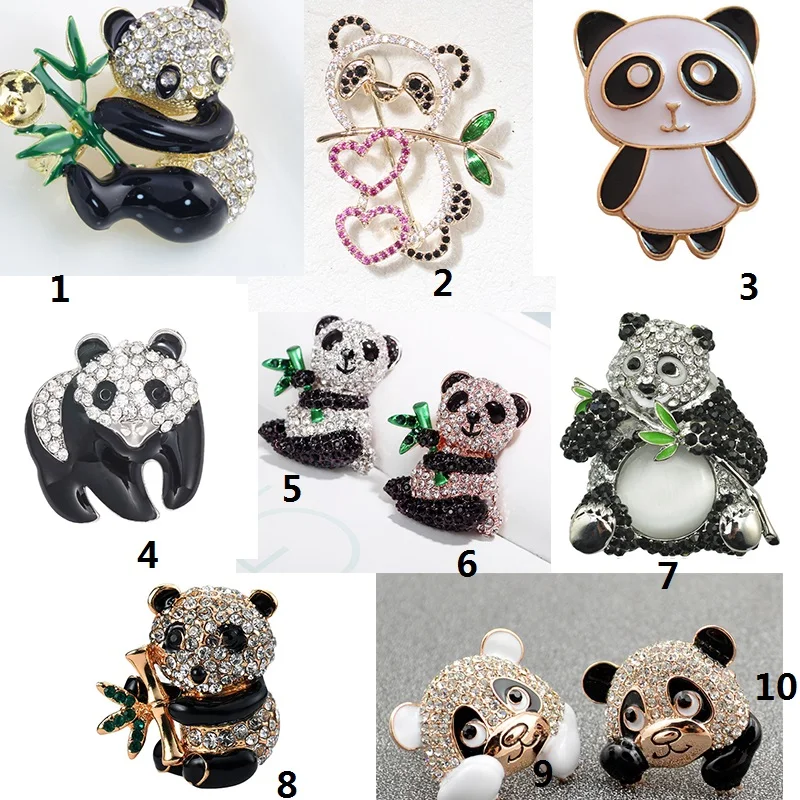 50pcs/lot free shipping 10style Rhinestone enamel cute cartoon panda animal brooch pin/lapel pin for gift/party