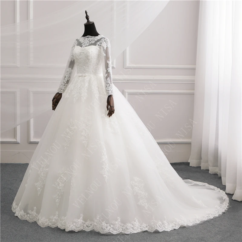 

High Quality Full Sleeve Pure White Ivory Appliqued Lace Tulle Sweet Neck Train Wedding Dresses Vestidos De Novia wedding Gown