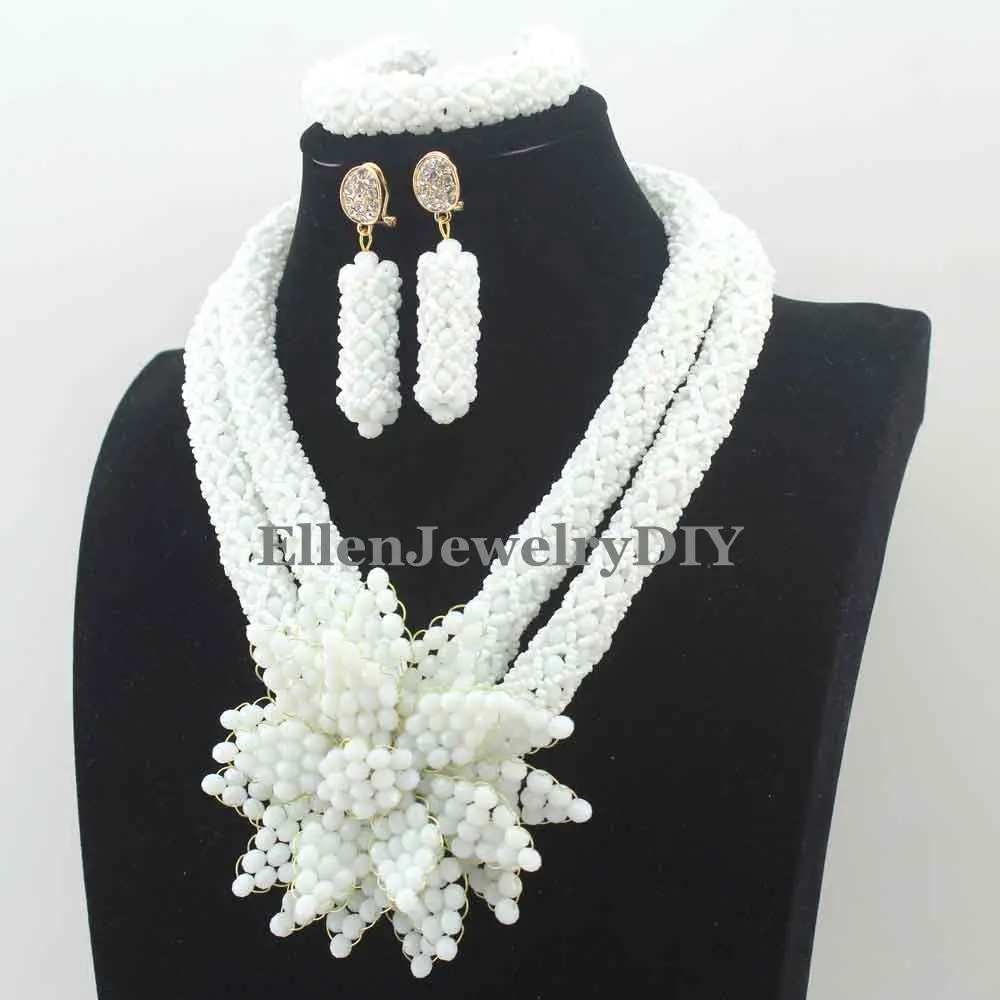 Fantastic White Crystal african beads jewelry Set Handmade Flower Pendant Wedding Nigerian wedding bridal Jewelry Set W13284