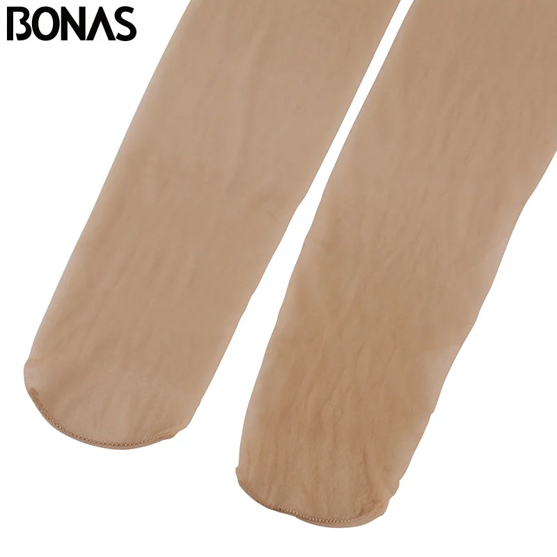 BONAS 15D Summer Nylon Seamless Pantyhose Womens Black Thin Tights Fashion Stretchy Hosiery Spandex Pantyhose Solid Color Female