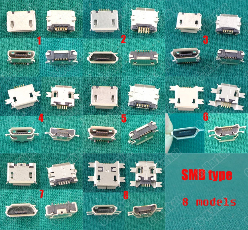 8models SMD type Micro USB Jack connector Mobile Phone Charging port Socket power dock plug 5pin v8 port female