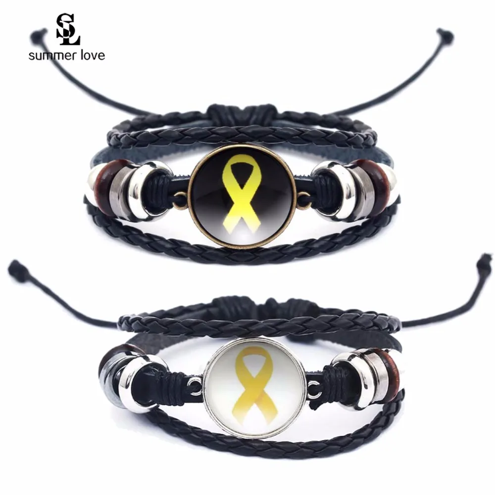 New Vintage Multilayer Bracelet Breast Cancer Awareness Cure Cancer Yellow Ribbon Leather Bracelets Women Jewelry