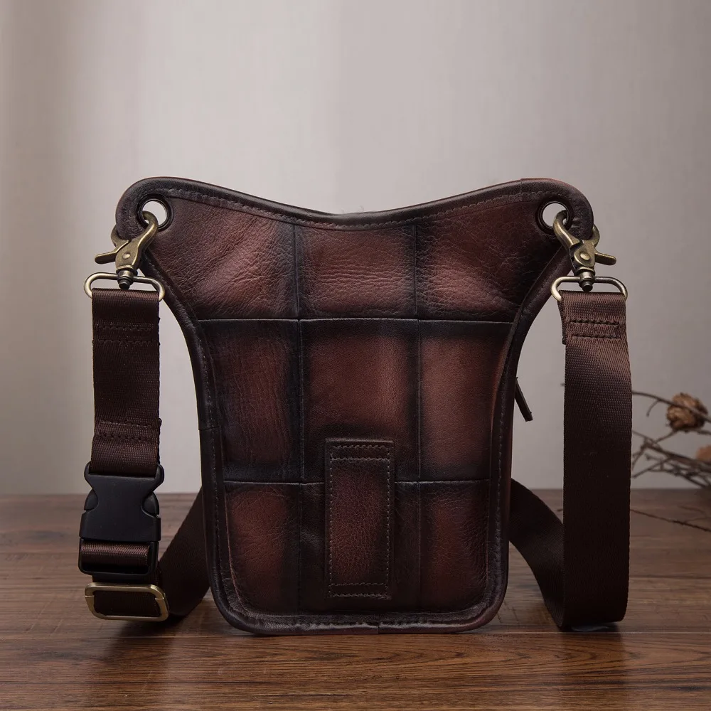 Crazy Horse Leather Men Vintage Small Travel Messenger Sling Bag Design Fanny Waist Belt Pack Phone Pouch Drop Leg Bag 211-4