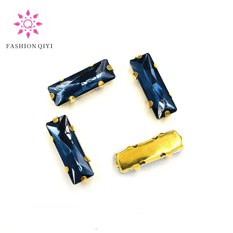 Factory outlet 5X10mm/5X15mm Ink blue sew on rhinestones gold bottom rectangle shape loose rhinestones DIY wedding decoration