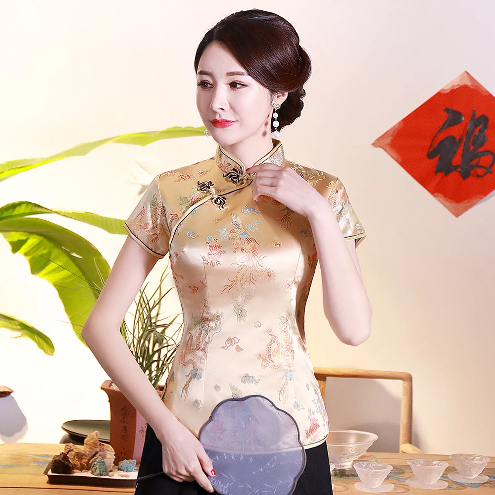 Gold Traditional Chinese Satin Blouse Summer New Sexy Short Sleeve Women Shirts Novelty Dragon&Button Top Clothing S-4XL