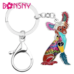 Bonsny Enamel Alloy Chinese Crested Dog Key Chain Keychains Holder Trendy Animal Jewelry For Women Girls Bag Car Charms Gift New