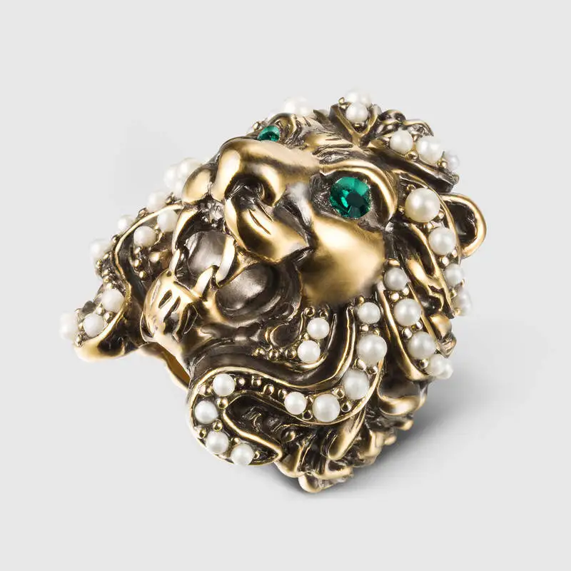 Rongho Brand Vintage Pearl Statement Lionhead Rings for Women Punk Jewelry Crystal Animal Ring Antique Gold Ring