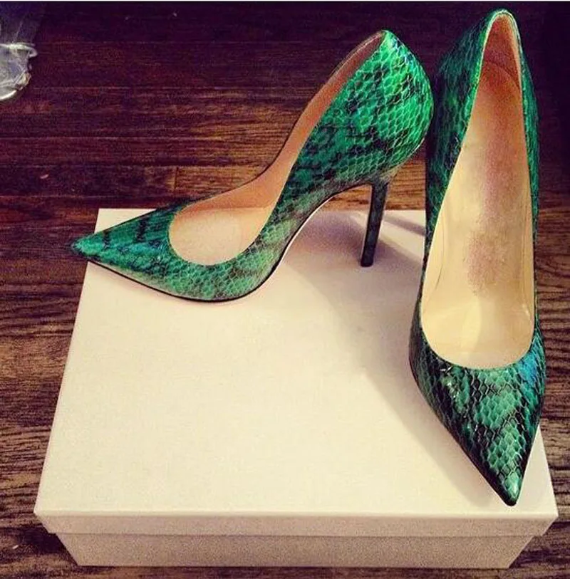 

Sexy Ladies Green Python Leather Stiletto Heels Pumps Pointed Toe Female Spring Slip on Snakeskin Party High Heels for Woman