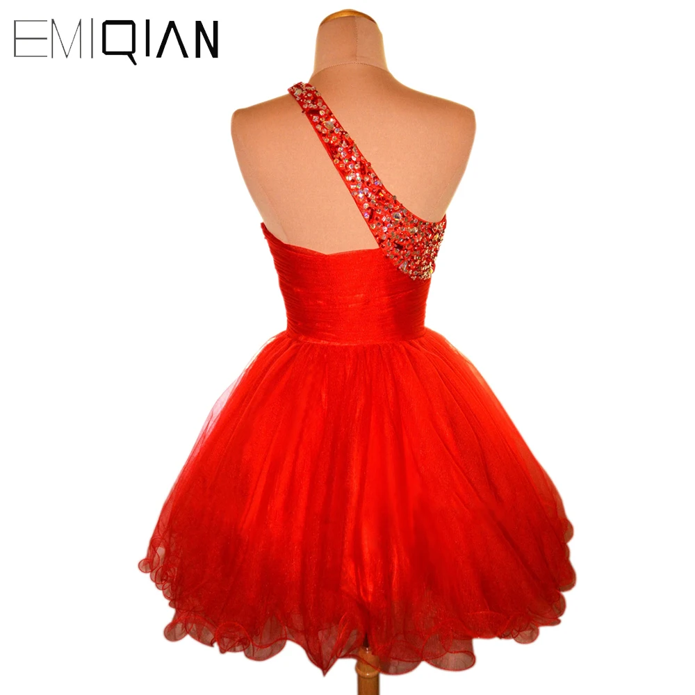 Classical Short Beaded Prom Dresses,Short Party Dress,Puffy Skirt One-shoulder Red Tulle Cocktail Dresses