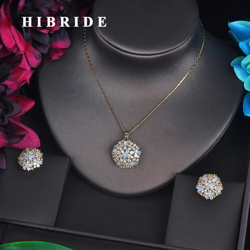 

HIBRIDE Luxury Big Flower Shape Pendant Jewelry Set For Women Gold Color With AAA Cubic Zircon Jewelry Accessories Gifts N-509