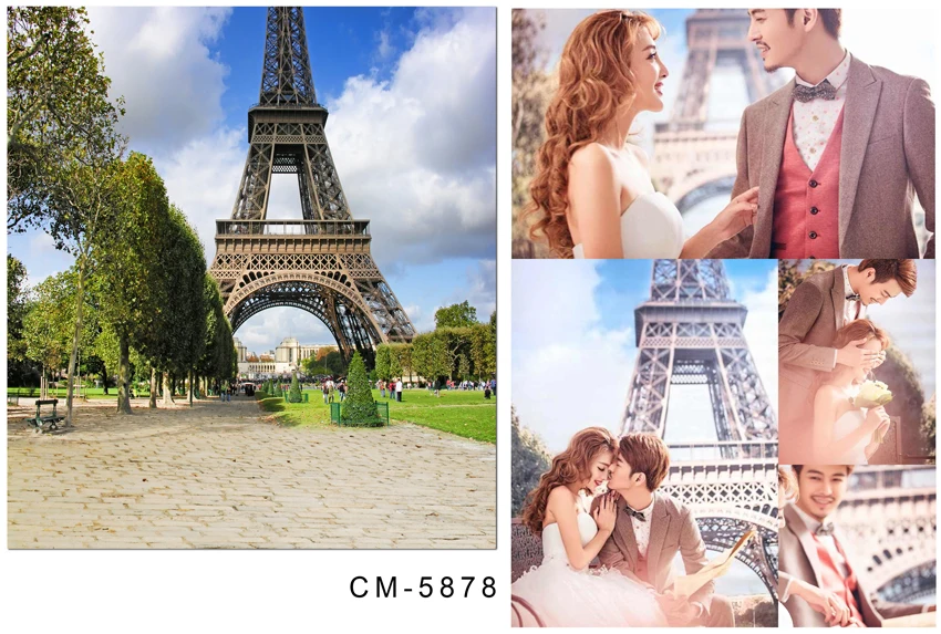 

8x8FT Spring Green Park Square Trees Eiffel Tower Paris Clouds Sky Custom Photography Backdrops Studio Background Vinyl 2.4x2.4m