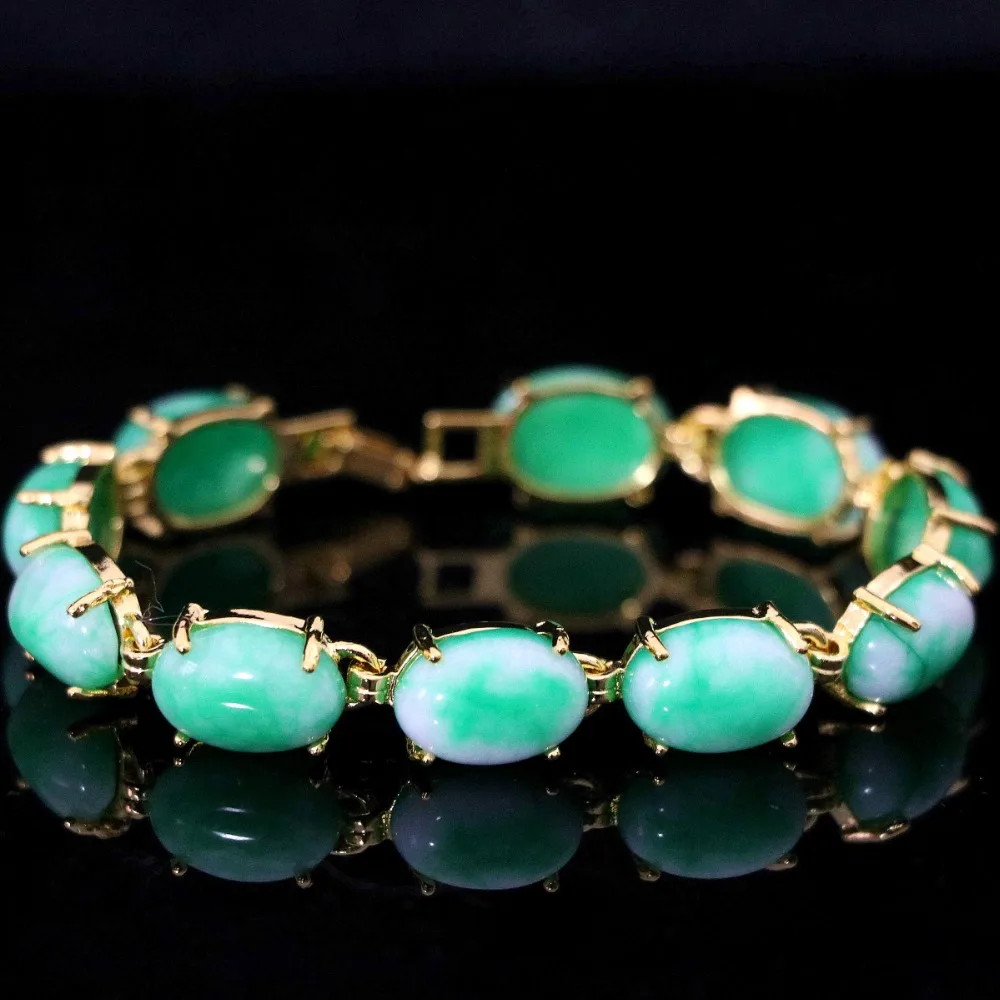 Elegant semi-precious oval green chalcedony jades stone gold-color chain bracelet weddings anniversary gift jewelry 7.5