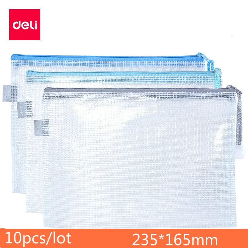 Deli bolsa transparente a5, bolsa de zíper, malha para documentos de escritório, pacote de armazenamento, bolsa escolar