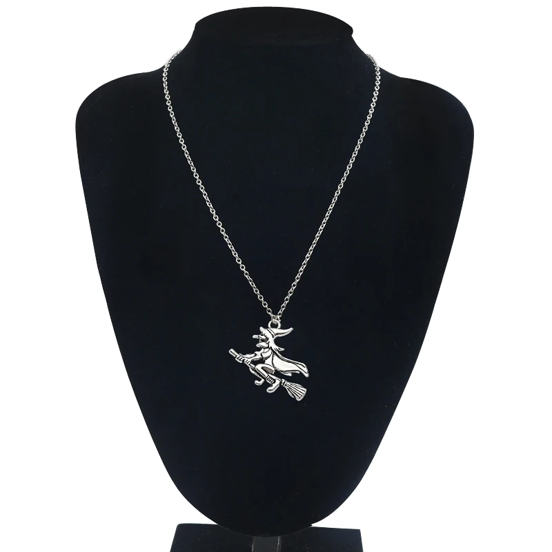 Punk Retro Witch Riding A Broom Necklace Fairy Alloy Neutral Pendant Fashion Men And Women Jewelry Halloween Gift Direct Sales