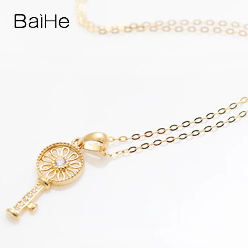 BAIHE Solid 18K Yellow Gold H/SI Natural Diamond Key Pendant Necklace Women Trendy Wedding Engagement Fine Jewelry Making 열쇠 목걸이