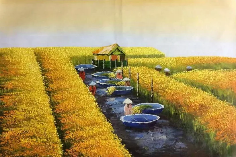 

Hand Painted Modern Abstract Vietnam Harvest Scene Beautiful Landscape Oil Painting Canvas Wall Art Picture for Living Room