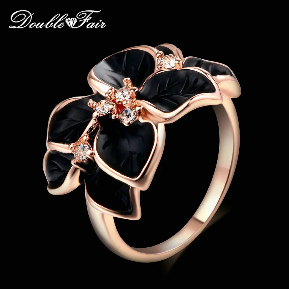 Double Fair Brand Romantic Leaf Black Drip oil Ring Rose Gold Color Vintage Fashion Jewelry For Women DFR678 DFR679