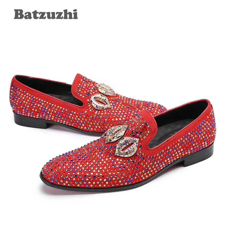 Batzuzhi Fashion Design Kiss Men Casual Flats Shoes Men Genuine Leather Shoes Loafers Red Rhinestones Party Wedding Shoes, 46