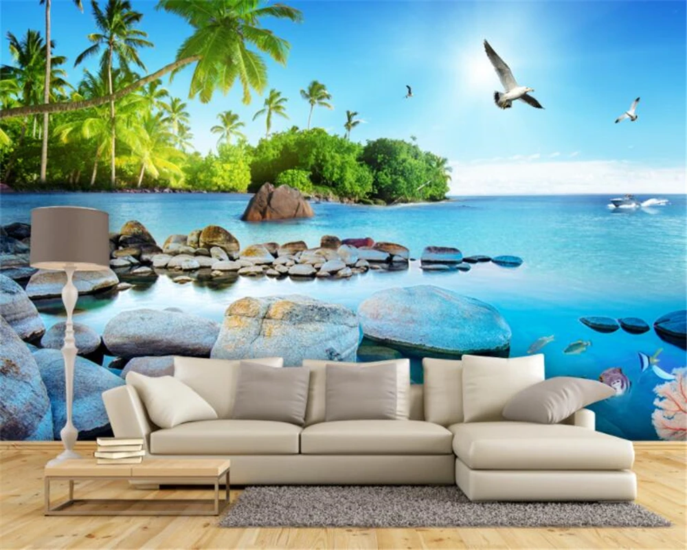 

Beibehang High quality wallpaper beach coconut tree blue sky white clouds 3d seascape island tv background wall 3d wallpaper