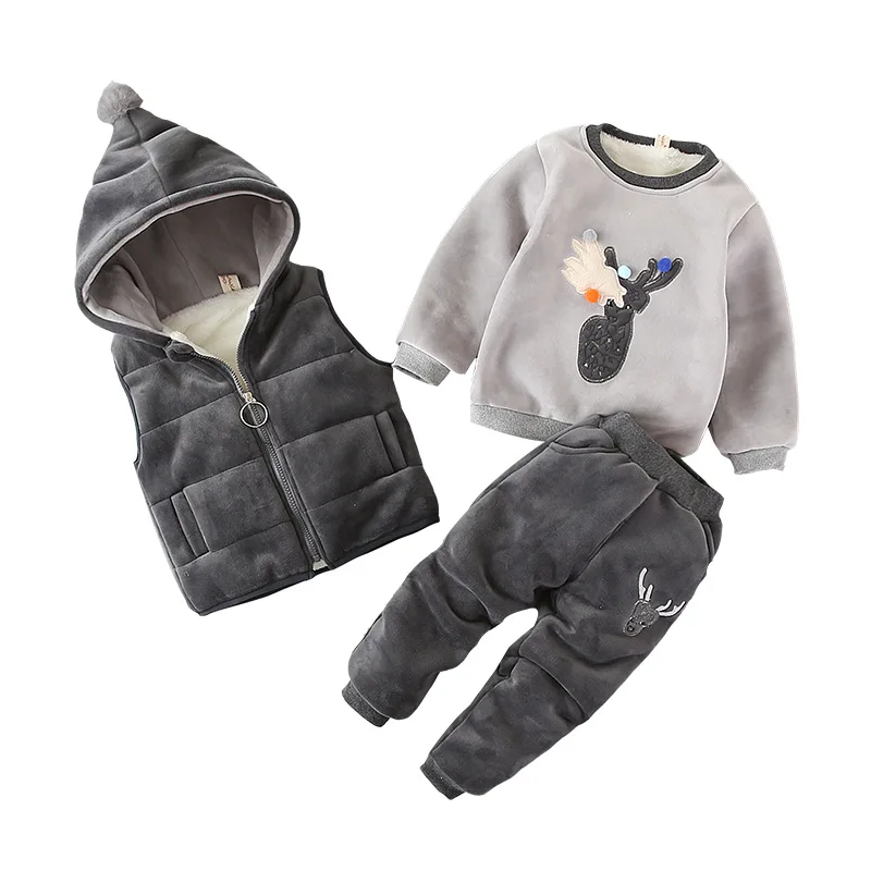 Winter Baby Sets for Boys Girls Clothing Sets Warm Thicken Cartoon Cotton Sweatshirt + hooded Vest +Pants 3pcs Sets Kids Clothes