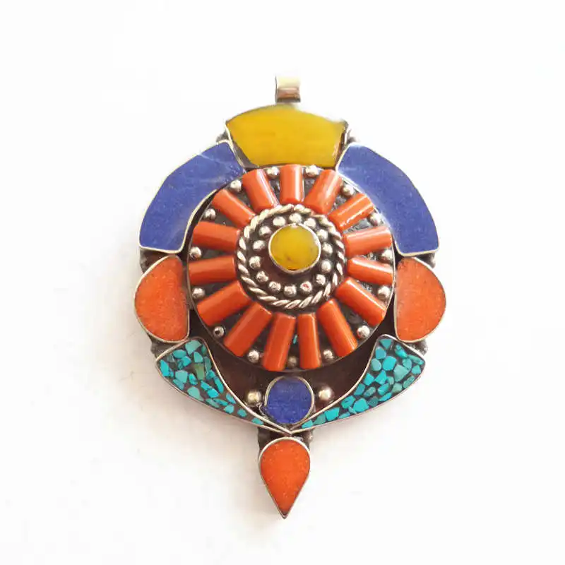 Genuine Tibetan Jewelry Copper Inlaid Colorful Stone Big Pendants TBP527