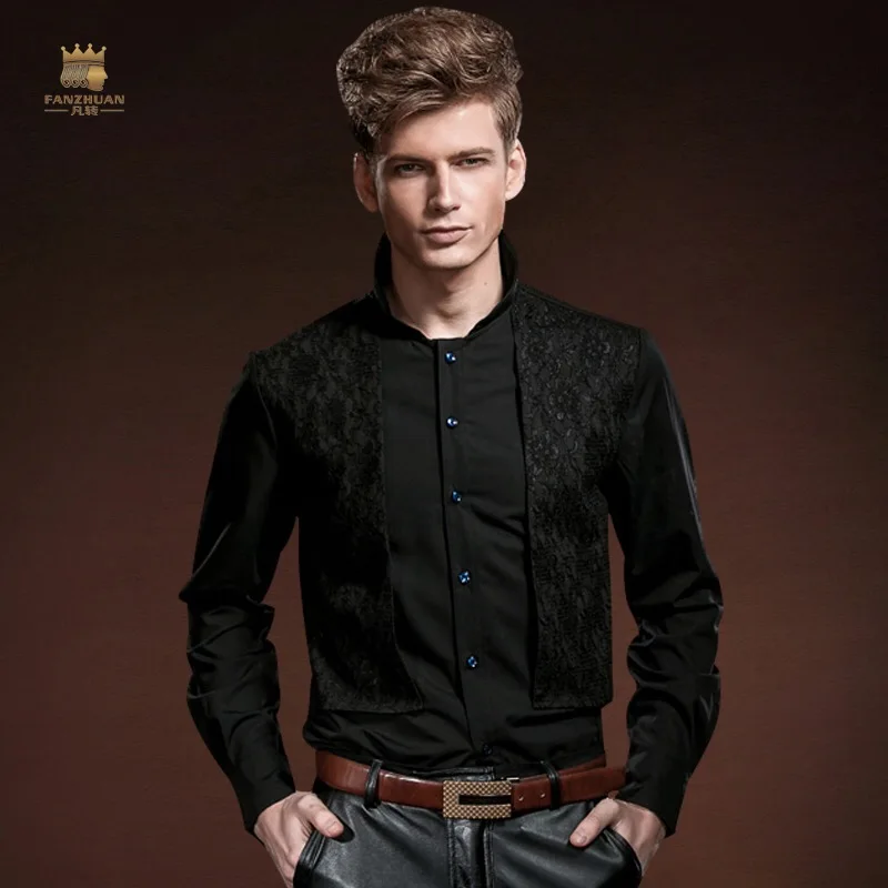 

Fanzhuan Free Shipping New fashion casual black men's male court's spring lace shirt false two Mens Black Shirt 14204 On Sale