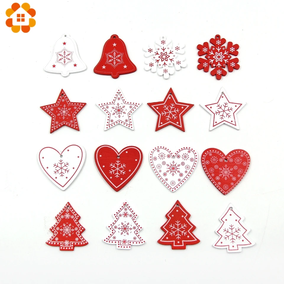 12PCS/Lot DIY White&Red Christmas Printed Wooden Pendants Ornaments For Kids Christmas Gifts Xmas Tree Ornaments Decorations