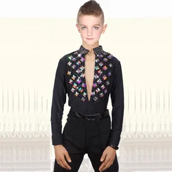 Classical Latin Dance Tops for Children Black Fabric Shirt Competitive Boy Male Ballroom Professional Stage Showing Jacket N7006