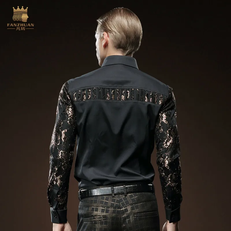 Fanzhuan Free Shipping Palace Unique New fashion casual male men\'s black slim long sleeved stitching shirt 512061 plant pattern