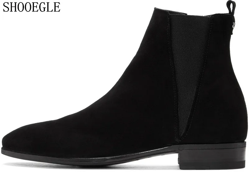 

SHOOEGLE 2018 Men Autumn Winter Newest Chelsea Boots Black Suede and Leather British Vintage Style Western Street Ankle Boots