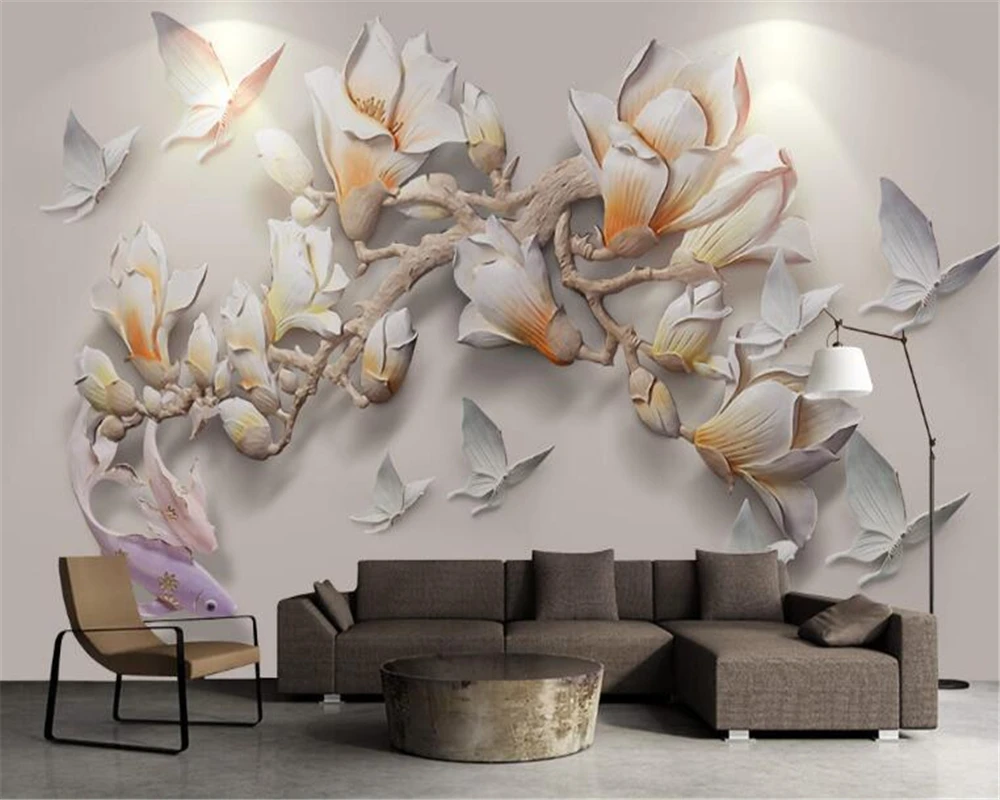 

Beibehang Fashionable elegance white magnolia butterfly living room 3D stereo relief background murals wallpaper for walls 3 d