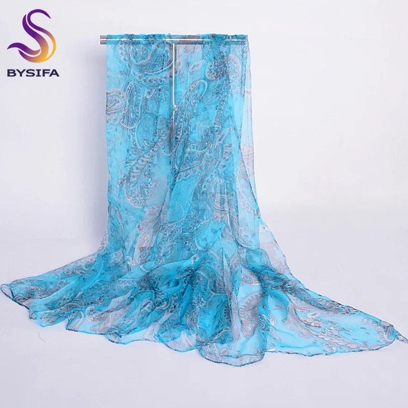 Light Blue Silk Scarves Printed 2016 New Design Fashion Accessories 100% Pure Silk Long Scarves 170*110cm Long Paisley Scarves