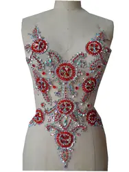 Handmadesky red/clear AB colour sew on  Rhinestones applique on mesh crystal patches with stones sequins beads 45*35cm