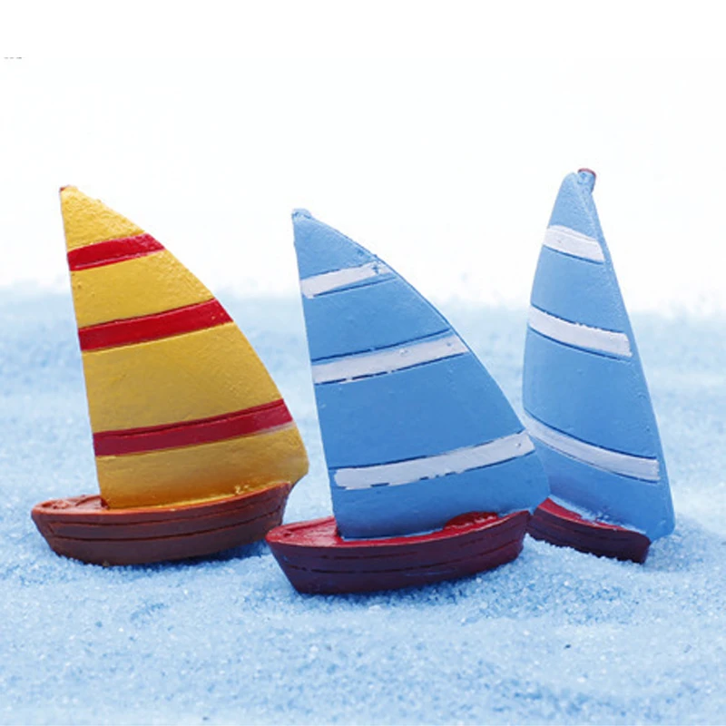 Mini Craft Figurine Plant Blue Boat Bamboo Raft Sailing Pot Garden Ornament Miniature Fairy Garden