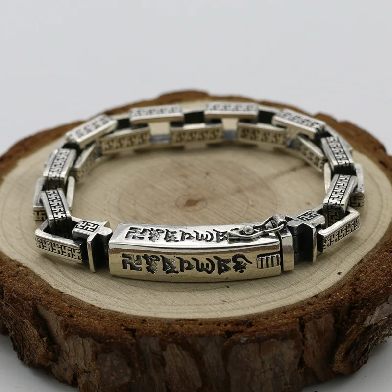 

National Style S925 Sterling Silver Retro Thai Silver Six Words Scripture Men And Women Personality Fashion Bracelet Homme