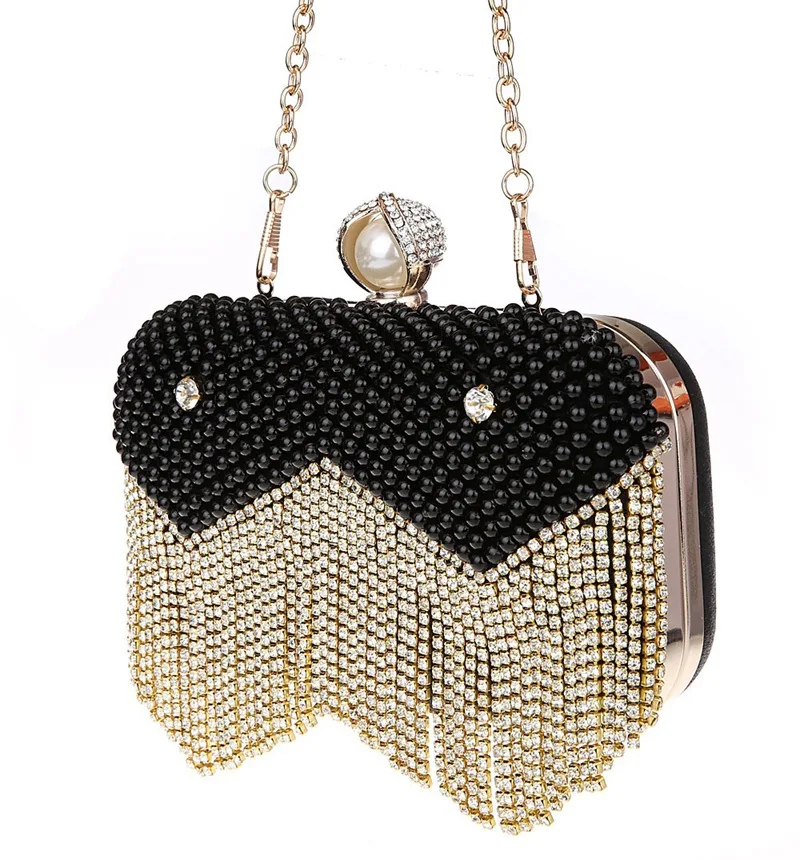 JaneVini Luxury Rhinestones Tassel Handbags Women Bags Designer Pearl Wedding Clutch Bag With Chain Party Bridal Ladies Handbags