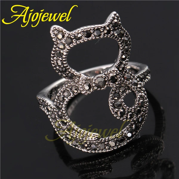 Ajojewel Unique Black Marcasite Cat Ring Size 6 Vintage Animal Jewelry Women Gift Items