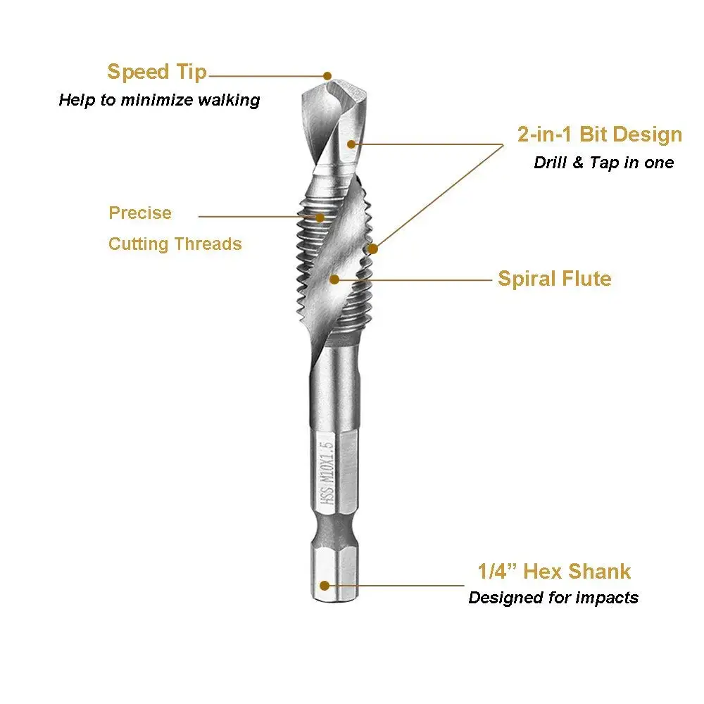 6PCS M3-M10 Screw Tap Drill Bits HSS Taps Woodworking Metric Combination Bit High Speed Steel Bright 1/4